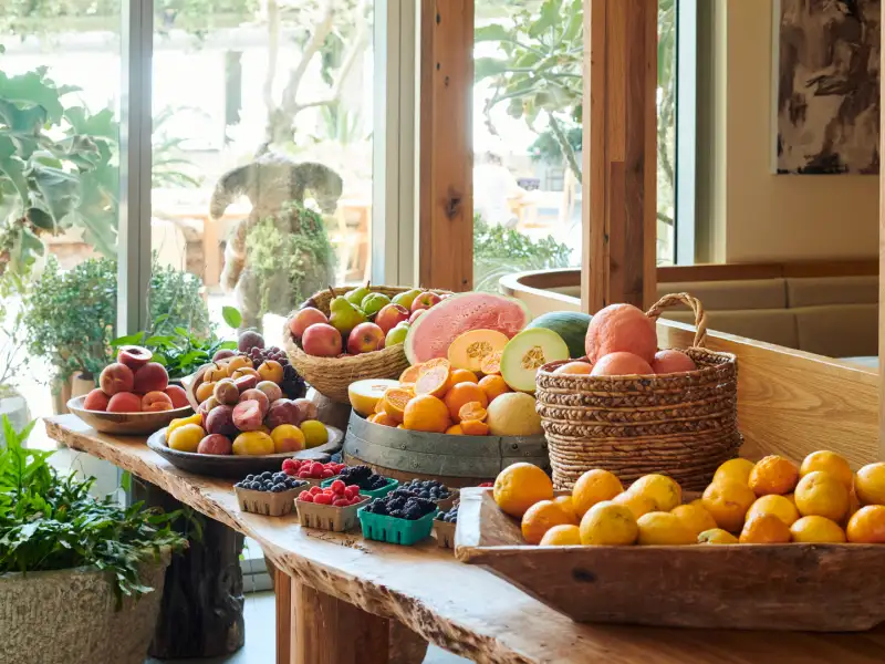 The farmstand of fresh fruit inside the property
