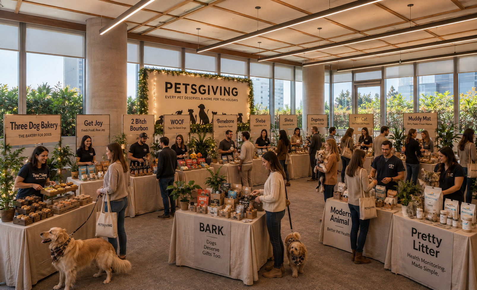 The Petsgiving Bazaar marketplace with vendors and pets